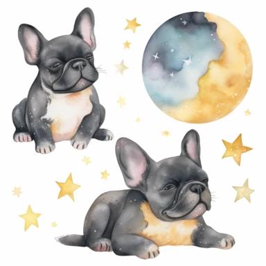 celestial watercolour French Bulldog clipart, on white background, stars, nebula, moon, galaxy, soft colours