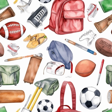 Watercolor style, sports, football, rugby, tennis, golf, cricket, variations, hyper realistic detailed clipart, colored pencils, erasers, backpacks on a white background