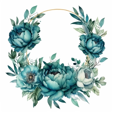 minimalistic and tastful teal peonies clipart floral wreath with big clean center for copy space, on solid white, i can't belive how beautiful this is