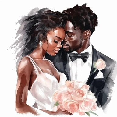 Black skin bride in a white wedding dress with diamonds and with beautiful jewelry, rich and glamour, long beautiful hair, beautiful lips and long eyelashes glamour and the groom in a tuxedo smile watercolor clipart