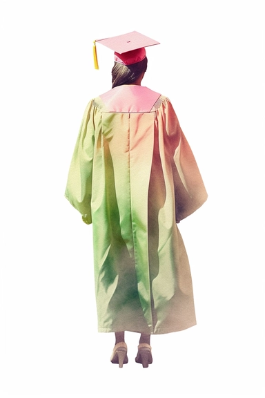 vector watercolor, full back view, drawing of dark skinned woman wearing a light green, dark pink and white cap and gown on graduation day clipart, front view, in style of Michiel van Huysum, subtle faded color variations, hyper-detailed hd clipart, on white background, spaced out
