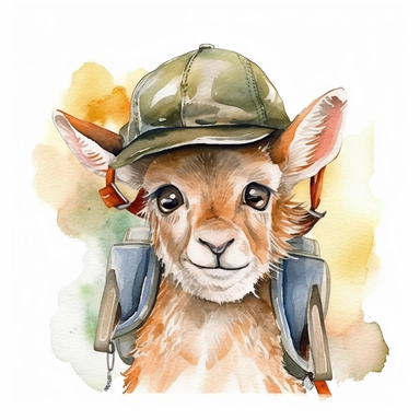 a unique and creative watercolor portrait clipart of cute safari baby goat in the midst of an epic journey that captures the excitement and energy of your animal’s adventure