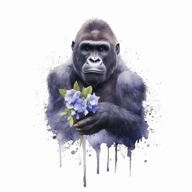 realistic watercolor gorilla holding a flower with 2 hands on solid white background, clipart