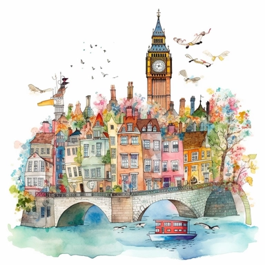 Very very cute and Whimsical quirky houses, London, Big Ben, Thanes River, spring time, Watercolored illustration in the style of Michael Powell, clipart, white background