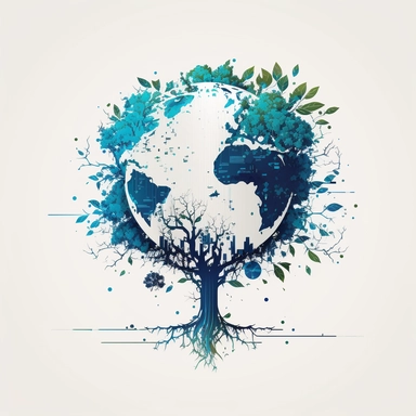 planet earth, glass morphism, tree, leaves, blue, simple, clean white background, digital, circuit board, icon, clipart, futuristic, 2D, flat, svg, sci-fi, 4k, vector