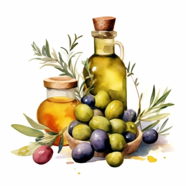 Olives, thyme, olive oil. Watercolor, clipart