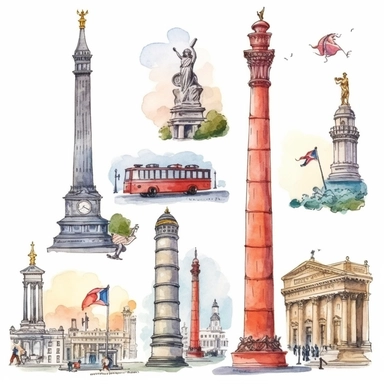 watercolor nelsons column in london touristic and iconic symbols , illustrations clipart set, simple, , cartoon elements ,different variants , , separate elements with a margin