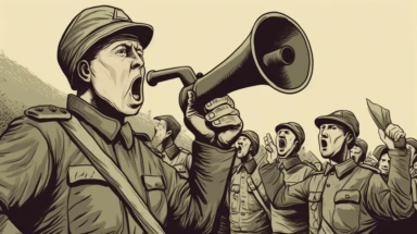 a close front view of a sodier holds a megaphone with his hand and speak while overlooks to the top,behinde him other soldiers and their army vehicules in a a poor street +side view+dark color tones+ vintage drawing style ,clipart drawing,clipart image,high definition drawing,clean colors,balanced colors,detailed drawing,
