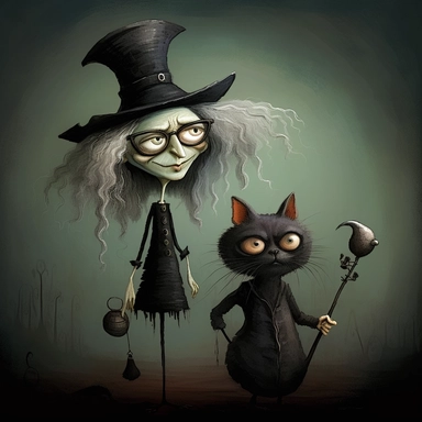 SURREAL FANTASY Old crone witch and her cat with large head big eyes, big hair, thin body ,and thin long legs wearing big shoes, huge eyeglasses, black hat, quirky, gothic, macabre, whimsical, darkly comedic, painted in many colors, CARTOON CLIP ART, 8k--