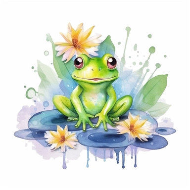 cute Frog sitting on lily pad flower, Watercolor Clipart, Nursery Decor ,Frog Watercolor, Cute Animal Flowers, Watercolor Clipart, Wall Decor, Splash Art
