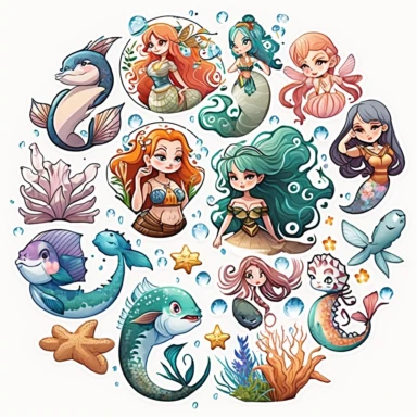beautiful, 10 cute mermaid and fantasy aquatic life stickers collection, clipart design, cartoon, 4k, white background, photo realism