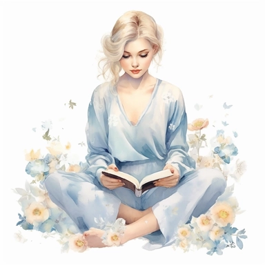 A delicate watercolor painting of chic powder blue, white, and gold three combo girl in floral pajamas sitting cross-legged and reading a book, arranged in an elegant composition, featuring soft and blended watercolor washes to create a harmonious and feminine aesthetic, clipart, clean png