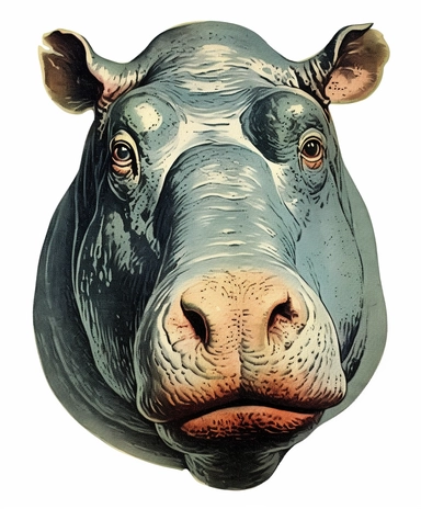Vintage 1920 Portrait of Hippo Head Illustration , Chromolithograph, Die Cut, 1920s Illustration, Vintage, Chromolithograph, Colorful, Antique, Ephemera, Clipart, 8k, Isolated on white