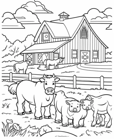 Create a coloring page featuring various farm animals like cows, chickens, pigs, and horses. Include a barn or a fenced pasture in the background coloring page with Farming background design as an outline art drawing with thick bold clear lines that are neatly joined up together, outline, clipart, no colors, no shadows, no details, HD