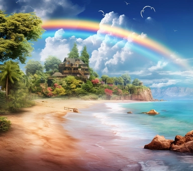Clipart rainbow, beach, blue sea, spring scene, uhd image, ceramic, wallpaper, massurrealism,