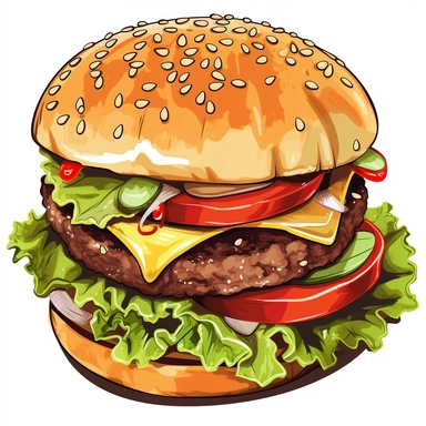 Imagine an appetizing hamburger clipart, meticulously detailed and drawn in a fun, appealing style. The clipart features a thick, juicy patty with a delightful char, resting in a soft bun. Additions of vibrant, crisp lettuce, a slice of ripe tomato, a melting piece of cheddar cheese, and a dash of secret sauce make this burger clipart look irresistibly delicious. Against a stark, white background, the colors pop, making it an enticing piece of art.