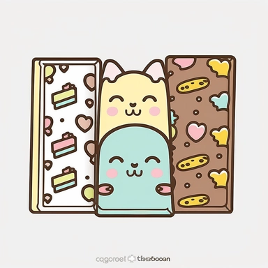 clipart of a kawaii chocolate bar with animal faces and fun designs, pastel colors, thick outline, thick lines, isolated on white background, Yoshitomo Nara
