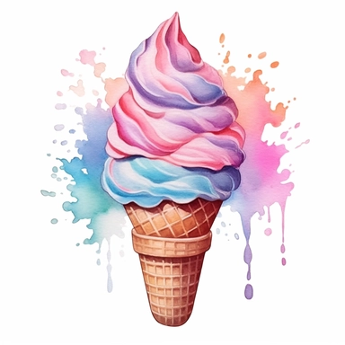 an enchanting watercolor, hyper-realistic clipart image with a white background and white margins, featuring a cone of soft-serve ice cream with a swirl on top. The ultra-detailed, hand-drawn elements capture the creamy texture and vibrant colors of the ice cream. Use whimsical touches to add a sense of delight, and bold shades of various colors to evoke the sweet and refreshing nature of this beloved fast food treat.