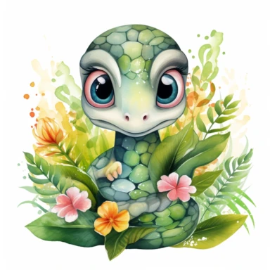 Watercolour into the jungle Clipart, cute big eyed cartoon snake in the jungle with flowers, isolate on white background