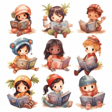 Many different nationality Cute little children reading a book, folk art, watercolor, clipart elements, kawaii, white background