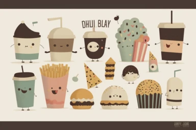 multiple clipart sheet, junk food, rgb in the style of jon klassen, pixar character style
