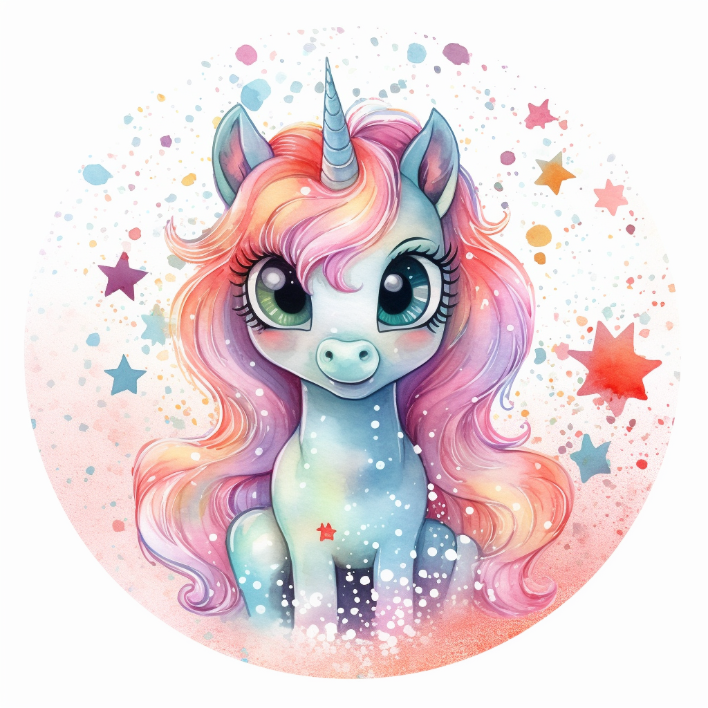 Cartoon Glittering Unicorn Surrounded by Pastel Stars, Big Eyes ...