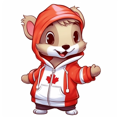 cute, happy cartoon squirell, wearing a hoodie with flag of Canada, with hands in the pockets, clipart, white background