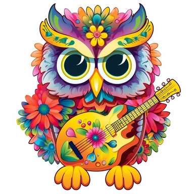 sticker, Groovy hippie 60s cute isolated owl, Funny cartoon flower power clipart, white background