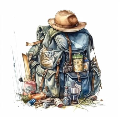 fisherman's backpack, fishing scene, peaceful, very detailed, watercolor clipart, vibrant colors, isolated on the white background, vintage style, hd