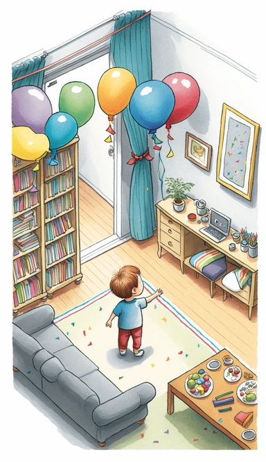 Child in The entire hall,Birthday,Five years old,Celebrating at home,Sofa, coffee table, balloons, decorations, toy chest, family members, curtains,carpet.Whole house,high angle view,overall view,illustration for book, children's book, multiple positions,manga style,Watercolor Clipart, strybk,full Illustration, 4k, sharp focus, watercolor, smooth soft skin, symmetrical, soft lighting, detailed face, concept art, watercolor style, strybk, children's style fairy tales, chibi kawaii, . Octane rende
