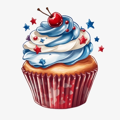 4th of July Patriotic Clip art of 4th of july patriotic cupcake, red, white & blue Full body realistic cartoon in 32K UHD cute, 8k with realistic watercolors and detailed illustrations. PNG clipart, Sublimation graphics, transparent white background for removing background - - no text shadow font watermark
