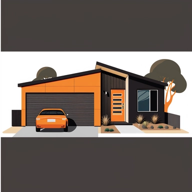 flat clipart cartoon of the facade of a modern single storey house with a double garage in Australia, minimal, 2d, black and orange