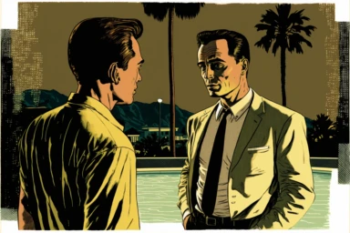 letraset clipart of handsome 40 year old men talking near a vintage, athletic man in palm springs at night, 1960's, happy, friendly, curiousity, washingtonia palms, mid century modern building, dramatic lighting, low camera angle, pool