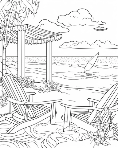 Adult Coloring Book Featuring Fun and Relaxing Beach Vacation Scenes, Peaceful Ocean Landscapes and Beautiful Summer Designs, coloring page line art, black and white clipart for a kids coloring page, simple and clean line art, illustration style,