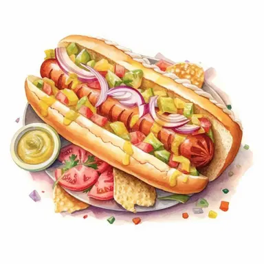 an enchanting watercolor, hyper-realistic clipart image with a white background and white margins, featuring a Sonoran hot dog wrapped in bacon and topped with pinto beans, onions, tomatoes, mayonnaise, mustard, and jalapeño salsa. The ultra-detailed, hand-drawn elements capture the layers of flavors and textures in this unique hot dog. Use whimsical touches to add a touch of Southwest charm, and bold shades of various colors to evoke the fusion of Mexican and American influences in this regiona