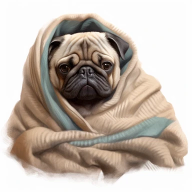 pug sleeping, wrapped in a blanket, digital painting and drawing, clipart, full body, hyper - realistic animal illustration, childlike, free brushwork, white background