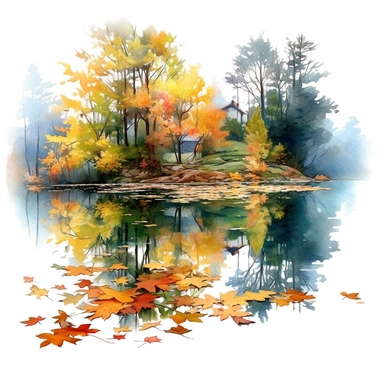 watercolor, hyper realistic, white background, white margins, 16k, ultra detailed clipart, cut out image, hand-drawn a tranquil pond nestled amidst the trees. Capture the reflection of the colorful foliage on the water surface, with fallen leaves floating gently.