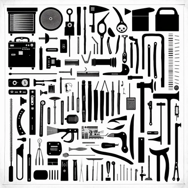 a black and white picture of various tools, a silk screen, fluxus, clipart, rows of tools, hammer, golf club, football, syringe, camera, drill, scissors, guitar, horn, axe, radio, sword, pliers, crowbar, airhorn, binoculars, blowtorch, shotgun, hockey stick, chainsaw, shovel, pitchfork, ladle, frying pan, creative commons attribution, business logo, (dark shorter curly hair), cogs:1000, 2010