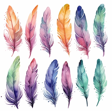watercolor feather clipart, firm outlines