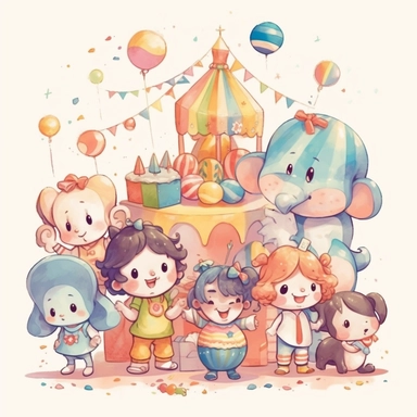 cute, children illustration, cartoon, vector, clipart of the circus birthday, sweet, pastel painting, fresh colors, classic Disney style, white background