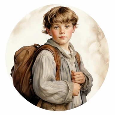 very beautiful boy with schoolbag, vintage, white background, round clipart with pastel color, detailed and lovely Renaissance painting