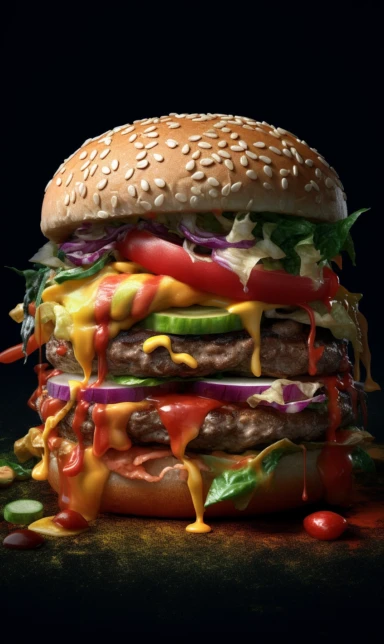 hamburger clipart cliparts, in the style of manipulated photography, striking composition, black background, vray tracing, structured chaos, dinocore, precarious balance