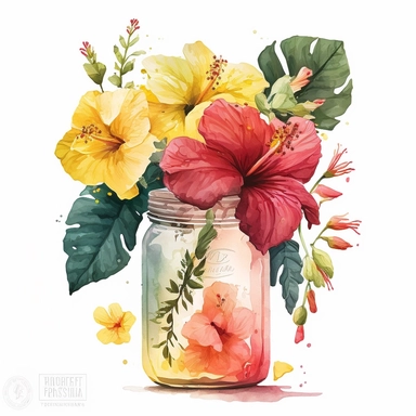 [1284223575] Watercolor clipart. A captivating watercolor illustration showcasing the enchanting beauty of a hibiscus bouquet, the flowers painted in shades of crimson, coral, and lemon yellow, arranged elegantly in a transparent jar.. White background. No text. No caption. No logo