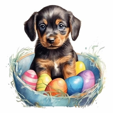 Easter baby puppy, cute, colourful, highly detailed, watercolor, clipart, no signature, no text