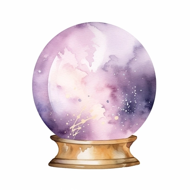 Crystal Ball, in the style of watercolor illustrations, pink and gold, soft lilac, magical and mystical, galaxy elements, modern minimal watercolor, on white background, clipart