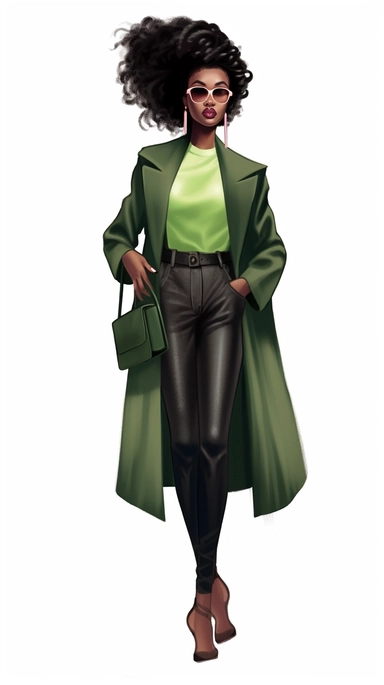Faceless clipart, Boss girl clipart, Fashion illustration, African American clipart, Look Clipart, Fashion clipart, Black woman clipart, pink and green toned, royal, cartoon, painting