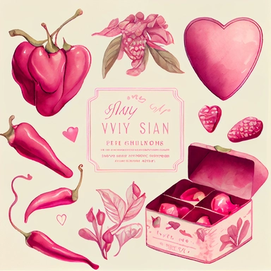 Draw a set of vintage, watercolor style clip art featuring hearts and chili peppers incorporated into other Valentine's Day imagery, in shades of pink and magenta. The overall design should be feminine and romantic, evoking a sense of nostalgia and whimsy. Include a variety of illustrations depicting hearts and chili peppers in romantic or playful contexts, such as a heart-shaped box of chocolates with a single chili pepper inside, or a pair of chili pepper-shaped earrings being worn by a heart-