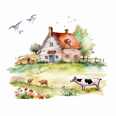 watercolor farm house clipart with meadow and some animals, white background, no comment, 8k