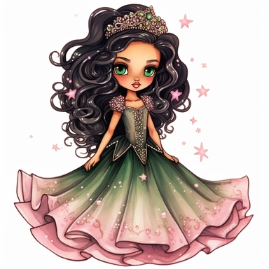 A cute detailed black girl in chibi style, Jasmine Becket - Griffith style, watercolour illustration clipart with real glitter detail, wearing a beautiful pink full length ballgown style dress, the girl has long black hair, the girl has green eyes, full body image, with feet isolated on a white background,