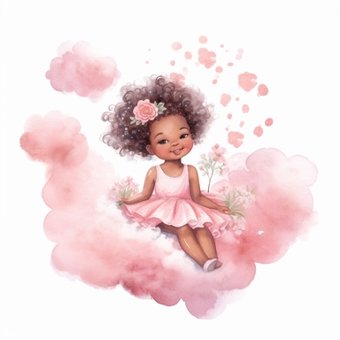 drawing watercolor clipart for a girl nursery of a beautiful african american ballerina with pink flowers in her hair, sitting on a cloud in her pink ballerina clothes smiling, whilst sprinkling pink flowers. 8k.